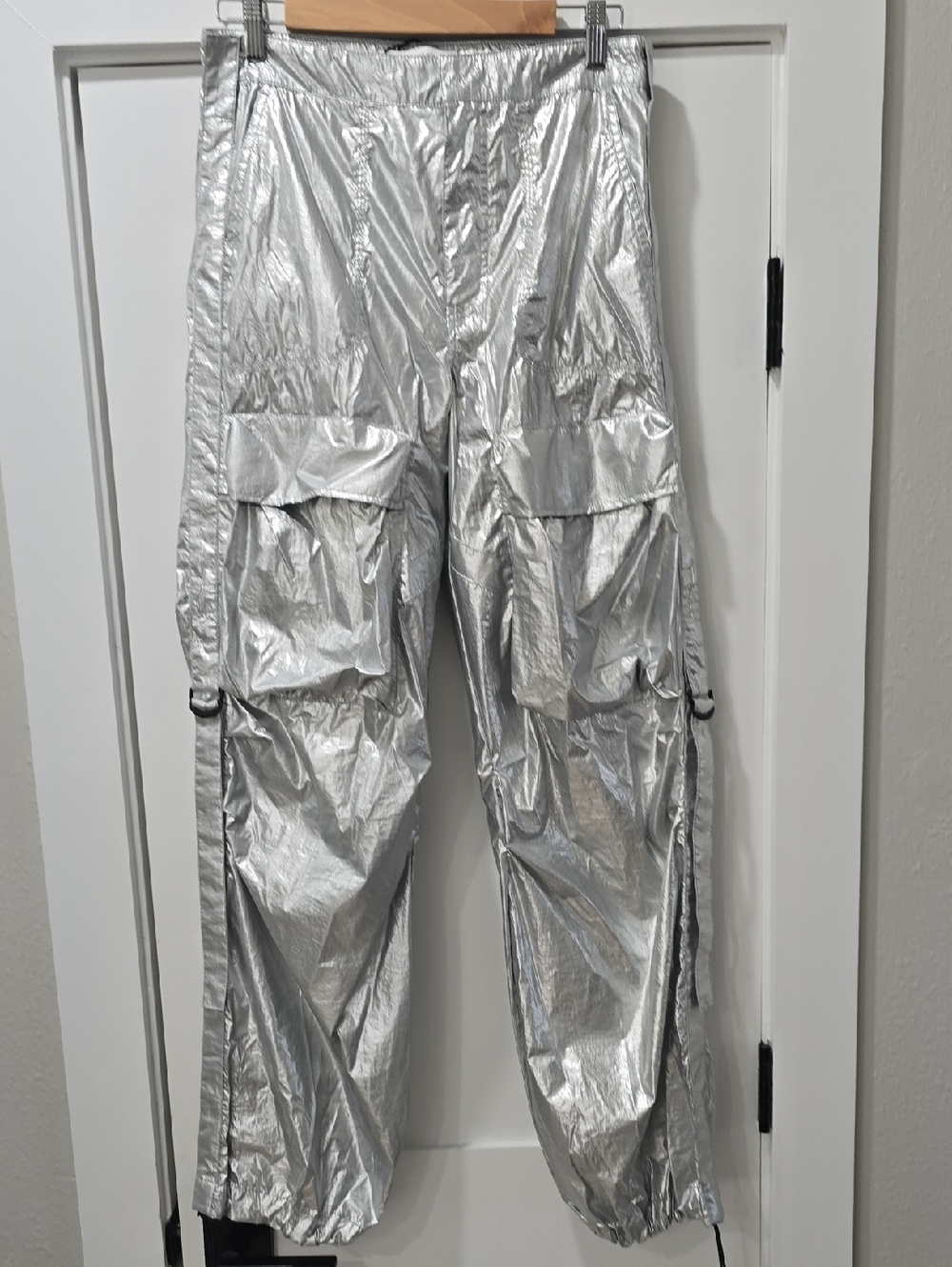 Zara Metallic Silver Cargo Pants Size M